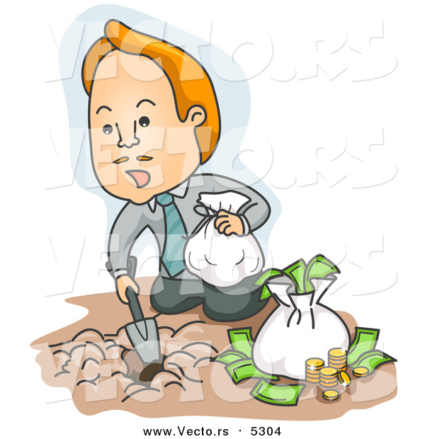 Vector of a Business-Man Burying Bags of Money in the Ground - Cartoon Style