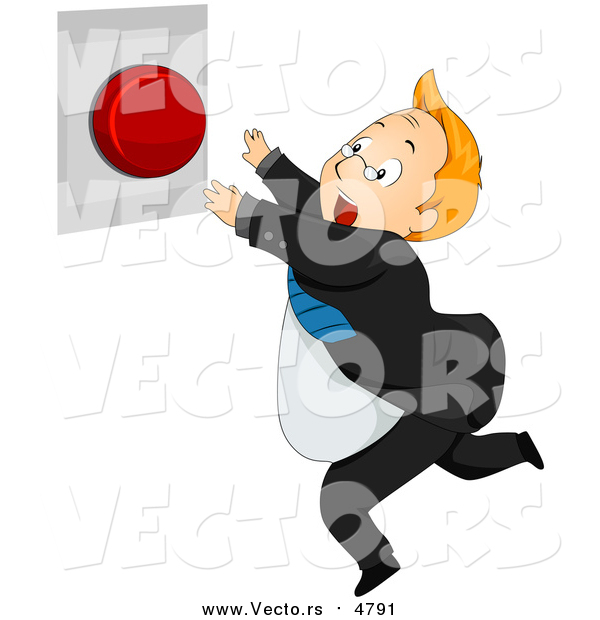 Vector of a Businessman Running to Push a Red Panic Button - Cartoon Style