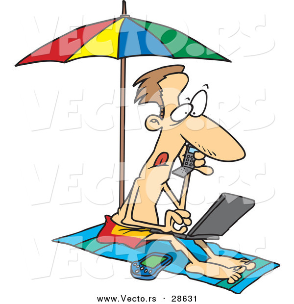 Vector of a Busy Cartoon Man Working on His Computer at the Beach