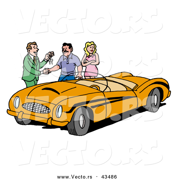 Vector of a Car Sales Man Giving a Customer the Keys to an Orange Classic Convertible Car