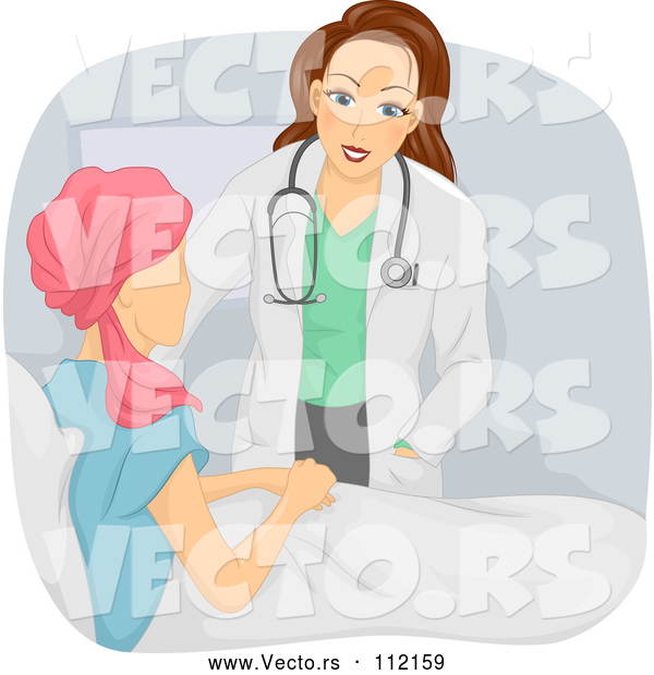 Vector of a Caring Cartoon Doctor Woman Visiting a Cancer Patient Woman in Bed