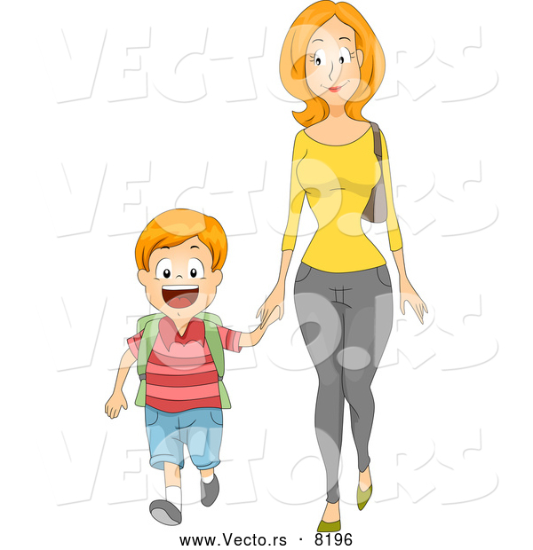 Vector of a Caring Cartoon Mom Holding Her Son's Hand While Walking to School