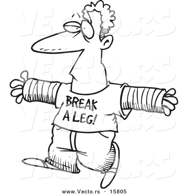Vector of a Cartoon Accident Prone Man Wearing a Break a Leg Shirt - Outlined Coloring Page Drawing