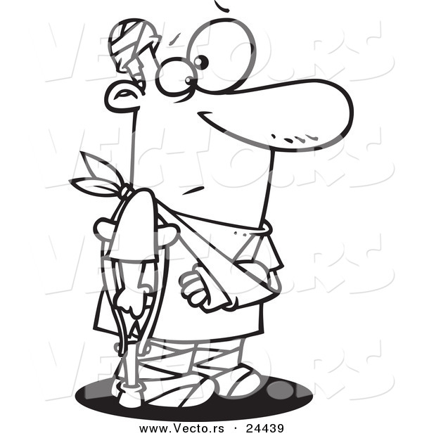 Vector of a Cartoon Accident Prone Man with Bandages and a Crutch - Outlined Coloring Page