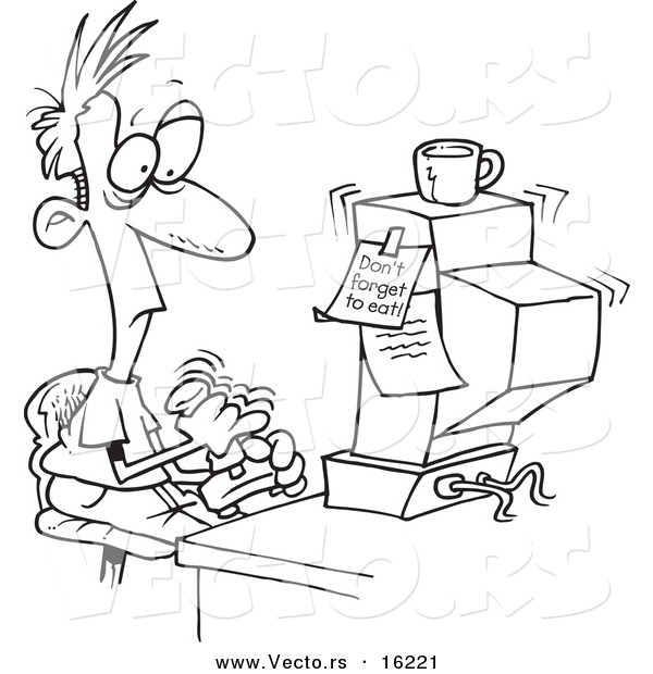 Vector of a Cartoon Addicted Man Playing Games on a Computer - Outlined Coloring Page Drawing