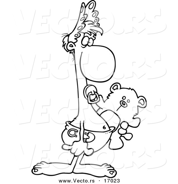 Vector of a Cartoon Adult Baby Carrying a Teddy Bear - Coloring Page Outline