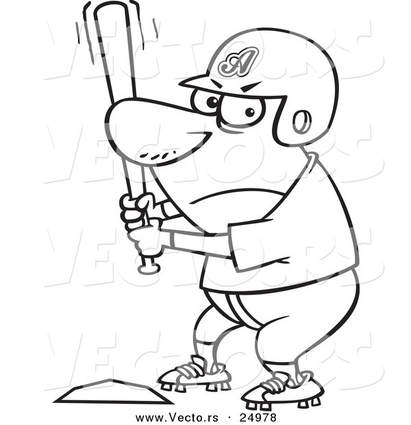 Vector of a Cartoon Aggressive Baseball Player Batting at Home Base - Outlined Coloring Page