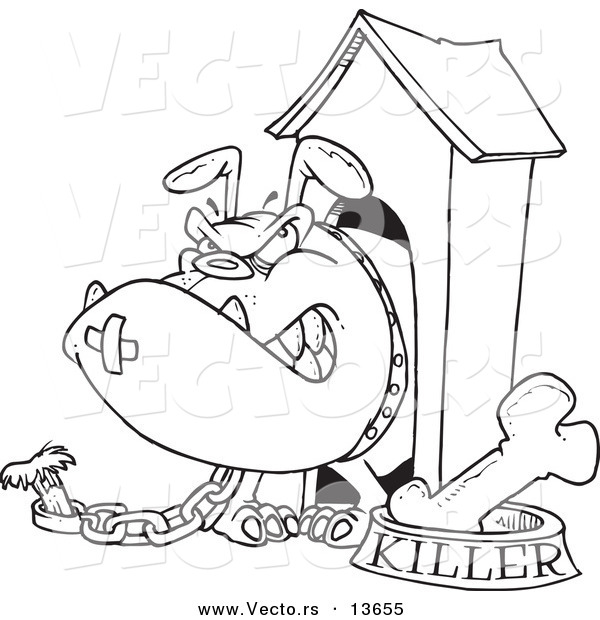 Vector of a Cartoon Aggressive Bulldog in His Dog House - Coloring Page Outline
