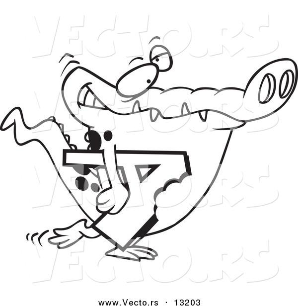 Vector of a Cartoon Alligator Carrying a Bitten Letter a - Coloring Page Outline