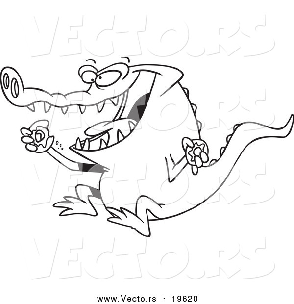 Vector of a Cartoon Alligator Eating a Donut - Outlined Coloring Page
