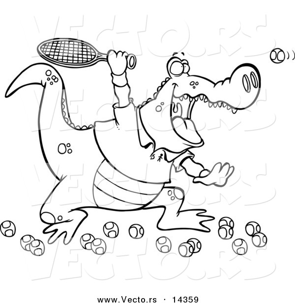 Vector of a Cartoon Alligator Playing Tennis - Coloring Page Outline