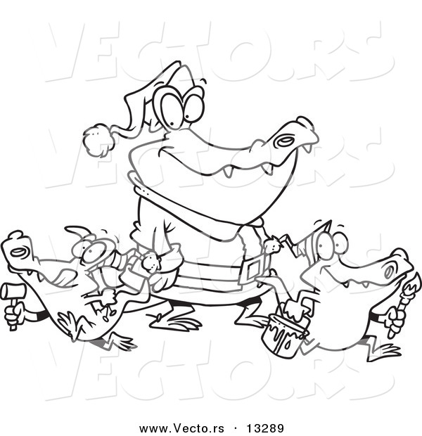 Vector of a Cartoon Alligator Santa with Little Gator Elves - Coloring Page Outline