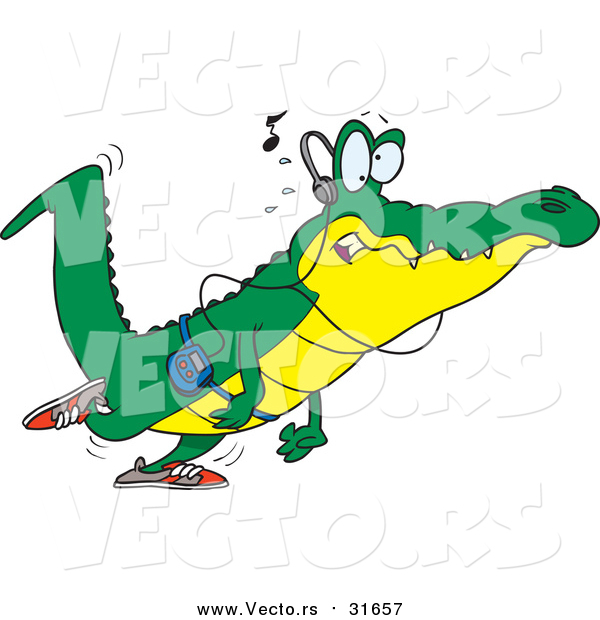 Vector of a Cartoon Alligator Walking and Listening to Music