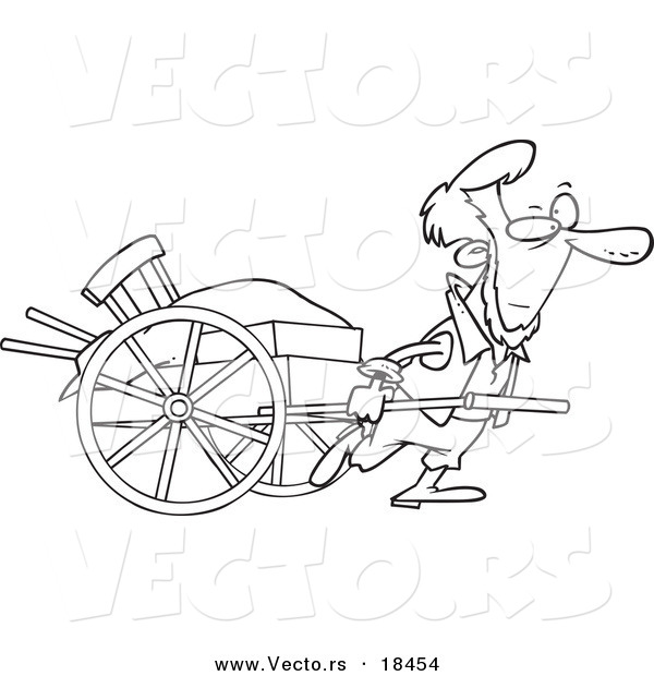 Vector of a Cartoon Amish Man Pulling a Hand Cart - Outlined Coloring Page