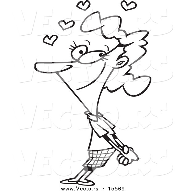 Vector of a Cartoon Amorous Woman Clasping Her Hands Together - Coloring Page Outline
