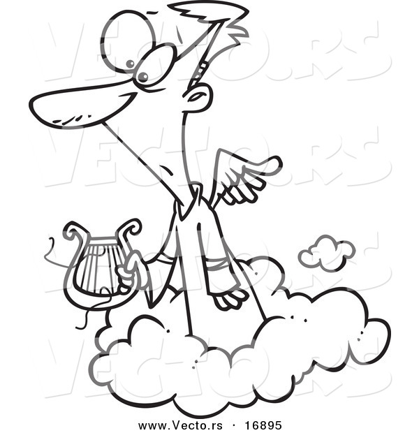 Vector of a Cartoon Angel Holding a Broken Lyre - Coloring Page Outline