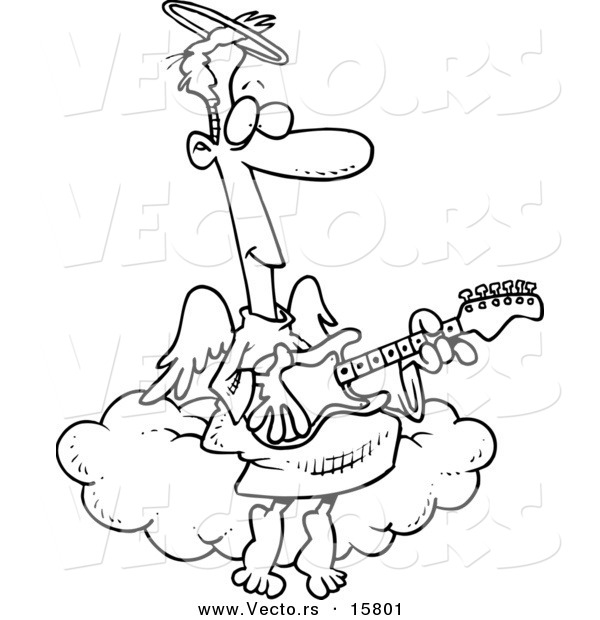 Vector of a Cartoon Angel Man Playing a Guitar - Outlined Coloring Page Drawing