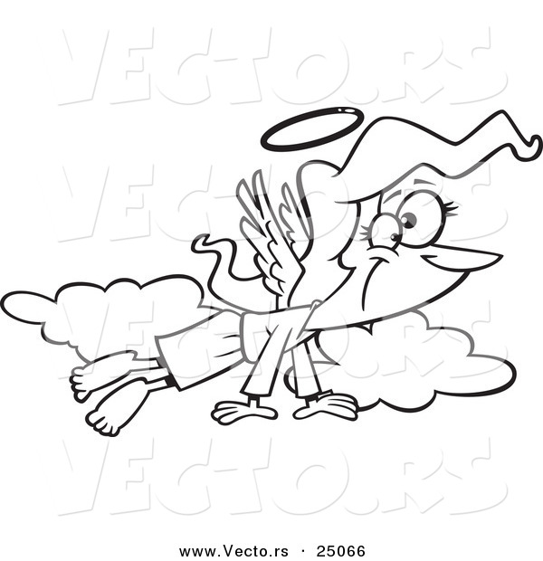Vector of a Cartoon Angel Woman Flying in the Clouds - Outlined Coloring Page