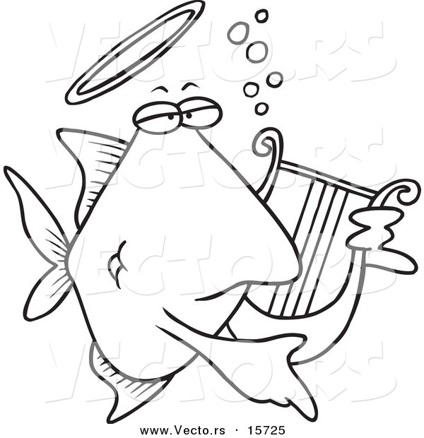 Vector of a Cartoon Angelfish Playing a Lyre - Coloring Page Outline