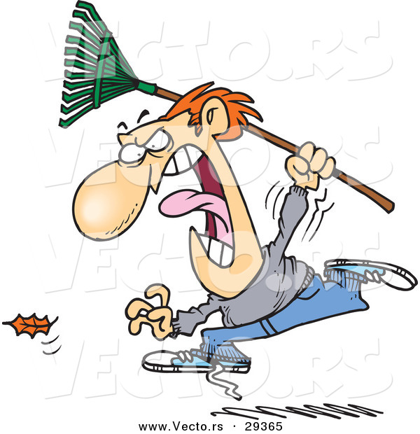 Vector of a Cartoon Angry Man Chasing a Falling Leaf with a Rake