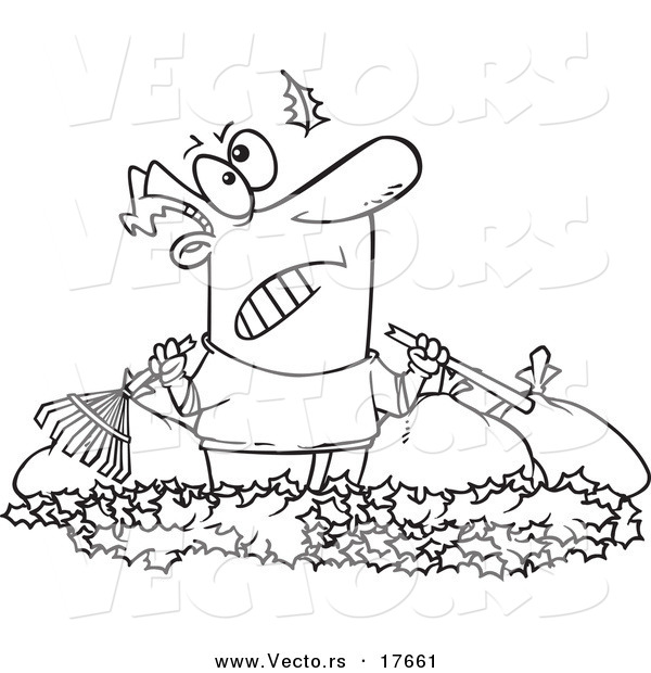 Vector of a Cartoon Angry Man Watching Another Leaf Fall on His Pile - Coloring Page Outline