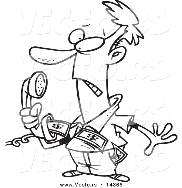 Vector of a Cartoon Annoyed Man Holding a Phone with Telemarket Money Flying out - Coloring Page Outline
