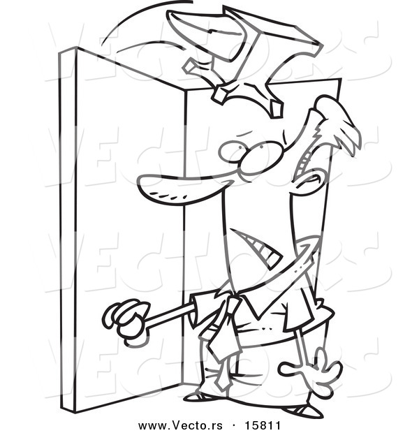 Vector of a Cartoon Anvil Falling on a Businessman in a Doorway - Outlined Coloring Page Drawing
