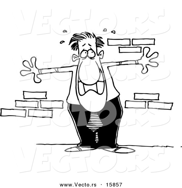 Vector of a Cartoon Anxious Businessman up Against a Wall - Outlined Coloring Page Drawing