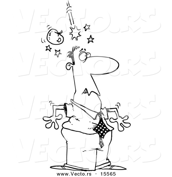 Vector of a Cartoon Apple Falling on a Man's Head - Coloring Page Outline
