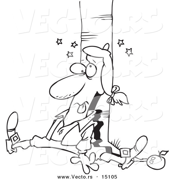 Vector of a Cartoon Apple Hitting Newton on the Head - Coloring Page Outline