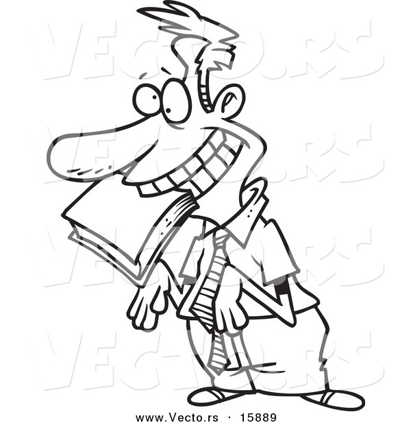 Vector of a Cartoon Approval Seeking Employee with a Book in His Mouth - Outlined Coloring Page Drawing