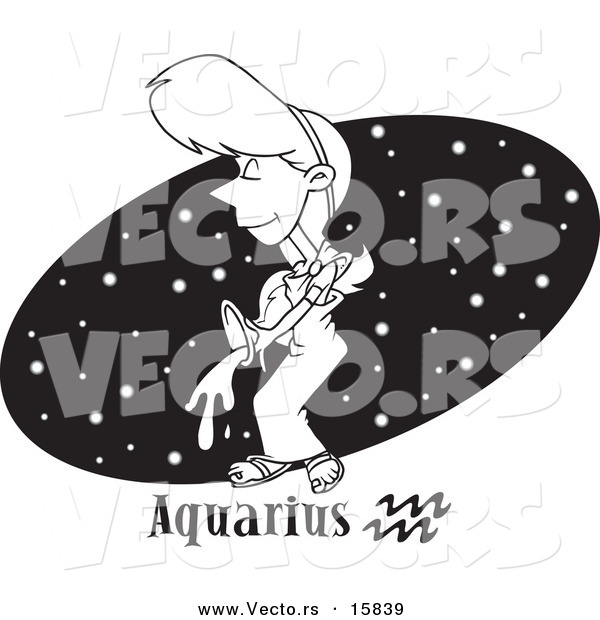 Vector of a Cartoon Aquarius Girl over a Black Starry Oval - Outlined Coloring Page Drawing