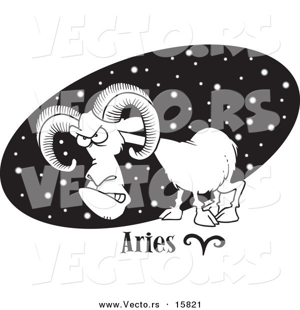 Vector of a Cartoon Aries Ram over a Black Starry Oval - Outlined Coloring Page Drawing