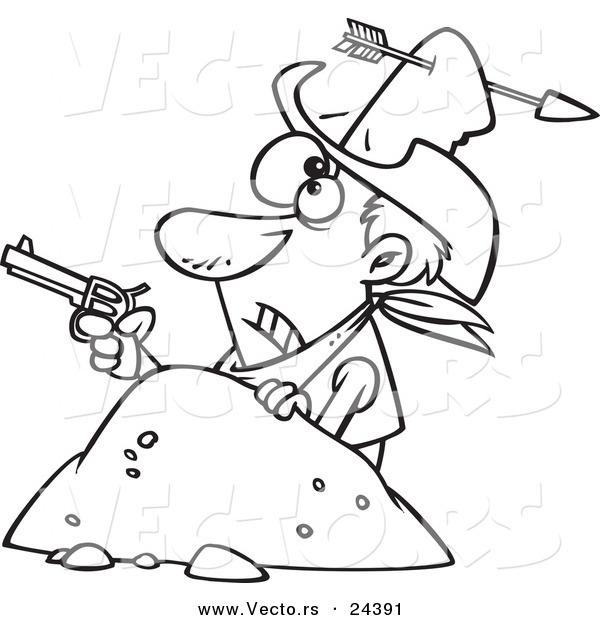 Vector of a Cartoon Arrow Through a Cowboys Hat - Outlined Coloring Page