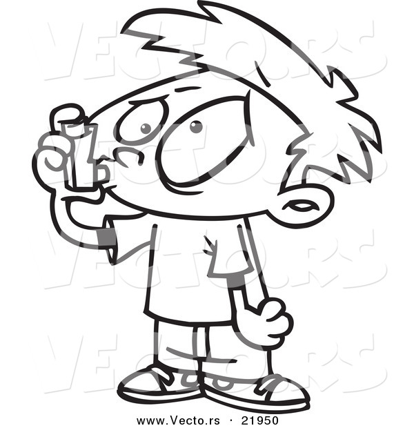 Vector of a Cartoon Asthmatic Boy Using an Inhaler - Outlined Coloring Page