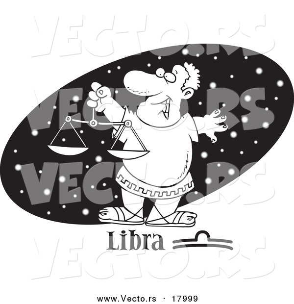 Vector of a Cartoon Astrology Libra Man over a Black Starry Oval - Outlined Coloring Page