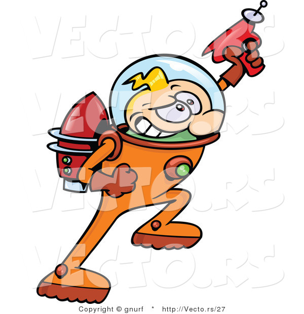 Vector of a Cartoon Astronaut Hero Shooting Super Ray Gun