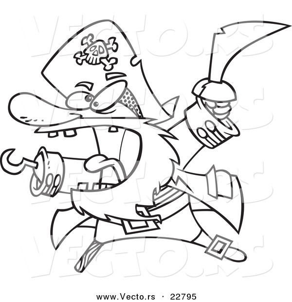 Vector of a Cartoon Attacking Pirate - Coloring Page Outline