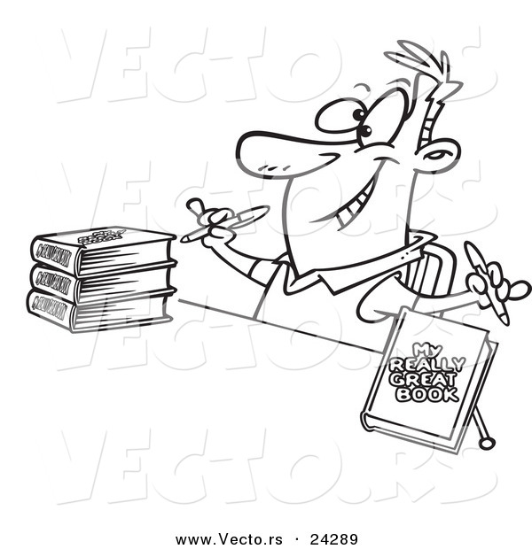 Vector of a Cartoon Author Signing Books Black and White Outline - Outlined Coloring Page