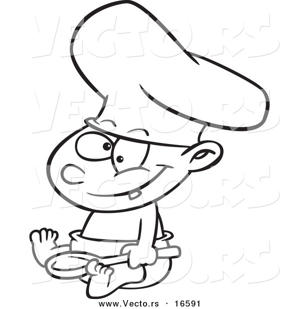Vector of a Cartoon Baby Boy Chef Wearing a Hat and Holding a Spoon - Outlined Coloring Page Drawing