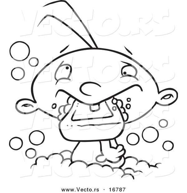 Vector of a Cartoon Baby Boy Eating Soap in the Bath Tub - Coloring Page Outline