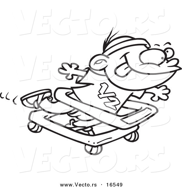 Vector of a Cartoon Baby Boy Running in a Walker - Outlined Coloring Page Drawing