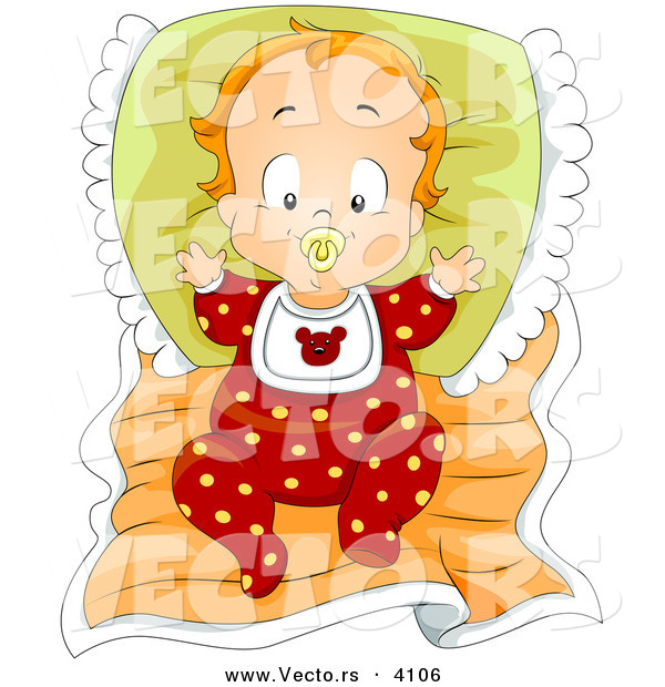 Vector of a Cartoon Baby Boy Sucking on Pacifier While Laying in Bed