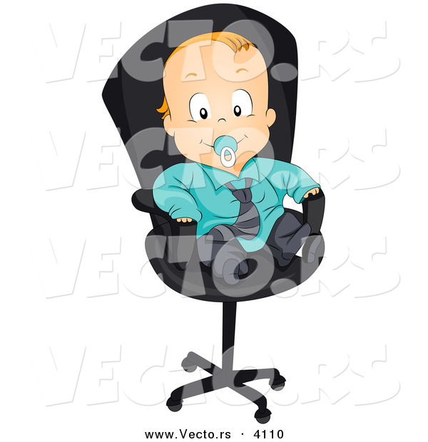 Vector of a Cartoon Baby Boy Sucking on Pacifier While Wearing a Suit and Sitting on an Office Chair