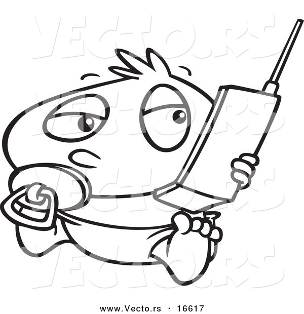 Vector of a Cartoon Baby Boy Using a Cell Phone - Outlined Coloring Page Drawing