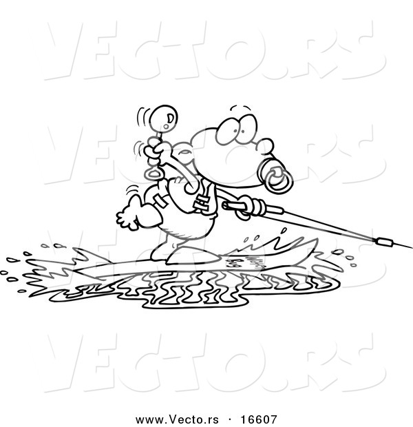 Vector of a Cartoon Baby Boy Water Skiing - Outlined Coloring Page Drawing