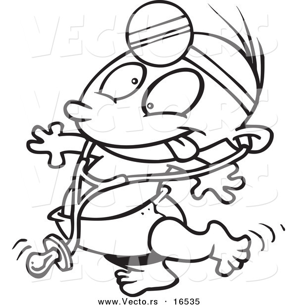 Vector of a Cartoon Baby Doctor Wearing a Stethoscope and Head Lamp - Outlined Coloring Page Drawing