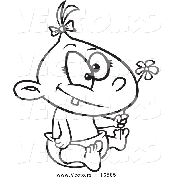 Vector of a Cartoon Baby Girl Holding a Flower - Outlined Coloring Page Drawing