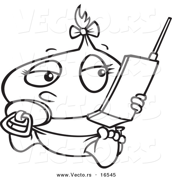 Vector of a Cartoon Baby Girl Using a Cell Phone - Outlined Coloring Page Drawing