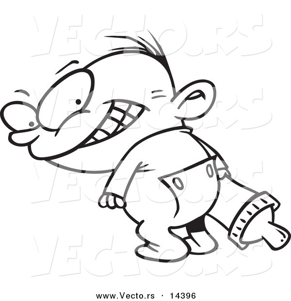 Vector of a Cartoon Baby Grinning Evily over His Shoulder - Coloring Page Outline